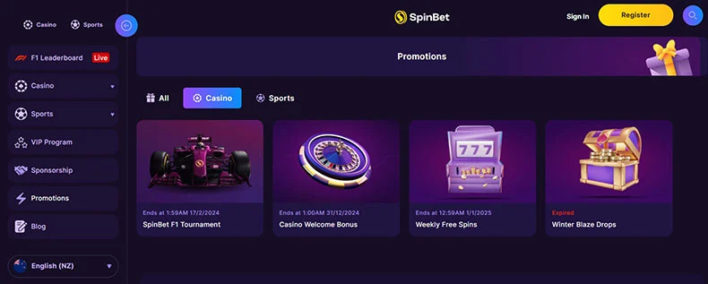 SpinBet casino bonuses