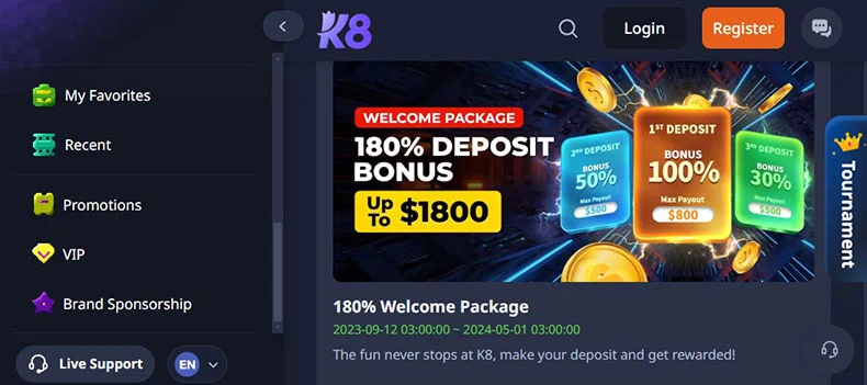 K8 Casino bonuses