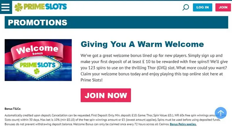 Prime Slots Casino bonuses